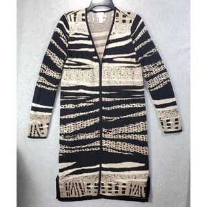Chicos‎ Cardigan Sweater Womens Small Black Beige Open Front Long Duster Knit